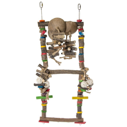 Perchoir double en bois avec échelle en noix de coco – Accessoire cage & volière (80 cm)