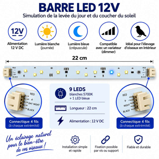 Barre Led Dimmable Lumière Blanche Et Bleue 12V - 22cm