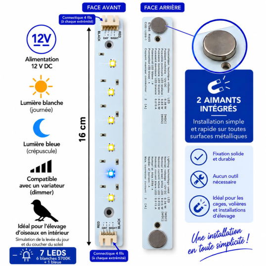 Barre Led Dimmable 6 Leds Lumière Blanche Et Bleue 12V - 16cm